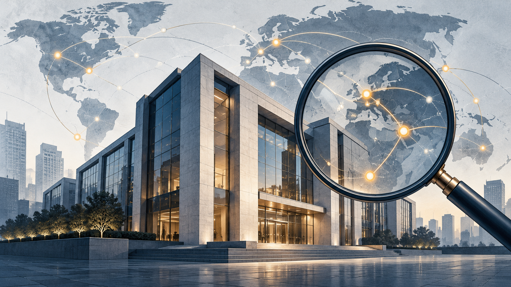 Illustration of a bank and international payment networks under a magnifying glass.